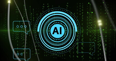 AI text bubbles and binary code image over green digital background