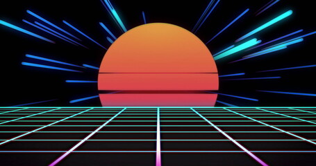 Naklejka premium Retro sunset with neon grid and light streaks image