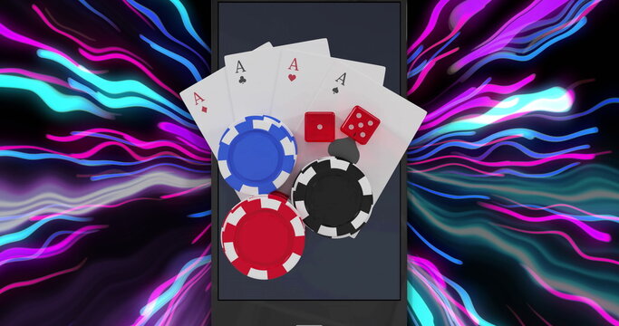 Image of cards, dices and chips on smartphone over neon shapes