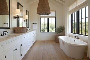 The beautiful bathroom within the luxury home is adorned with a double vanity, bathtub, mirror, sinks, shower, and features hardwood flooring