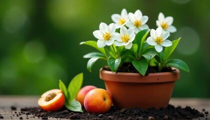 White flowers in a terracotta pot with ripe apricots and greenery on black soil, pot, spring, rustic