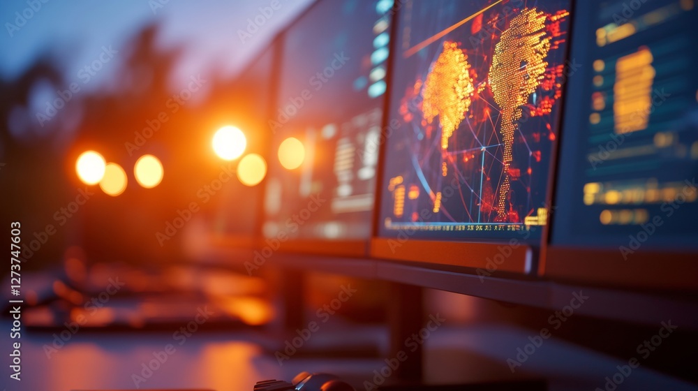 Aufkleber Futuristic Network Operations Center Multi-Display LED Workstations with Real-Time Data Monitoring for Enhanced Operational Efficiency in Tech and Business Innovation