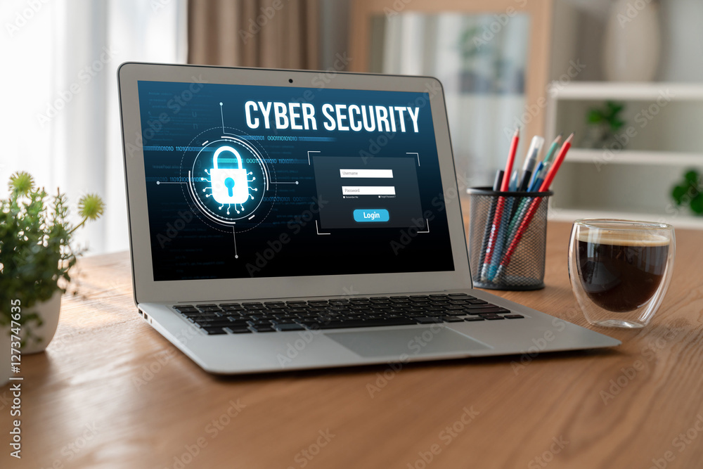 Aufkleber cyber security system on computer screen protect private information snugly from hacker and cyber at