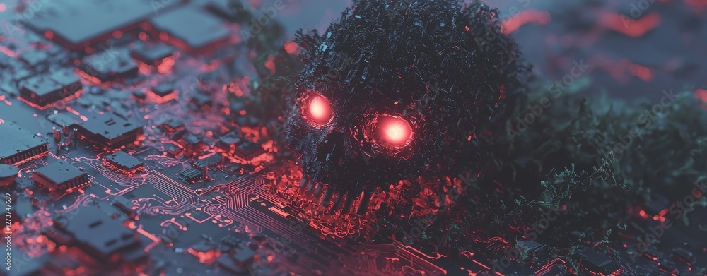 Poster electronic circuit board with a chip and a stock head face is a technical computer component