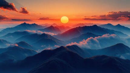 Obraz premium serene mountain landscape at sunrise with vibrant colors and soft clouds