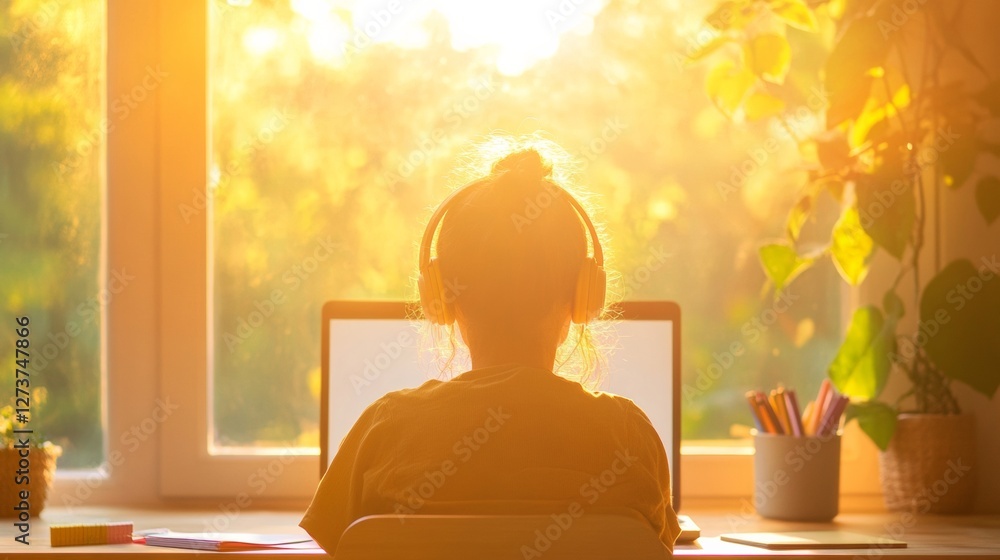 Aufkleber sunlit modern learning space young girl engaged in virtual class on laptop at organized desk - educa