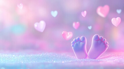 Adorable baby feet with pastel purple glitter, surrounded by floating hearts on a sparkling background. Soft, dreamy lighting.