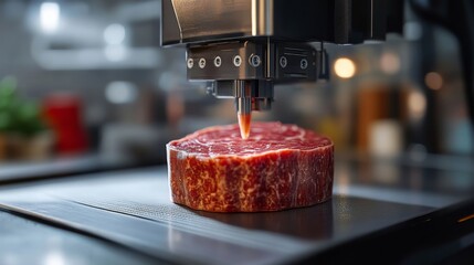 A 3D printer creates a beef steak. Raw meat on the printing surface, printer nozzle dispenses the meat. Food technology