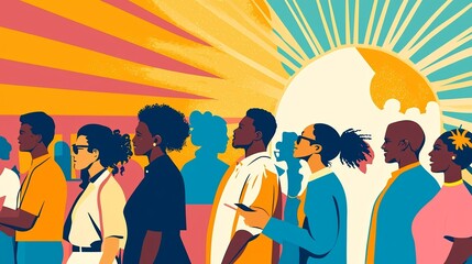 A multitude of people is illuminated by a brilliant light from above in this abstract image, conveying a sense of mystique or religious awe, and representing the concept of neural diversity