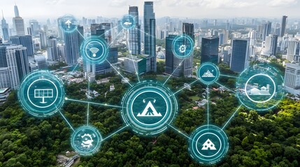 Obraz premium Aerial view of a futuristic metropolitan skyline showcasing a digital network of green business strategies renewable energy initiatives and carbon footprint reduction solutions