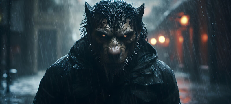 A detailed and realistic depiction of a lycan character standing in the pouring rain, ai generative
