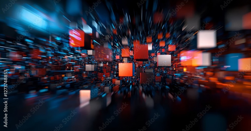 Poster abstract futuristic industry concept with metallic blocks and blinking twinkling led lights, set aga