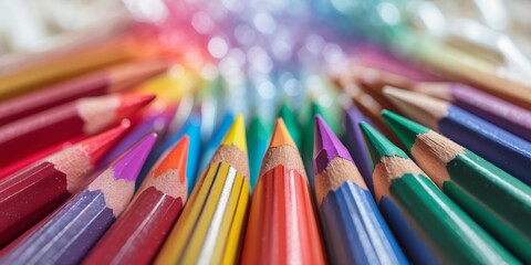 Fototapeta premium Vibrant assortment of colored pencils arranged in a circular pattern on a white background