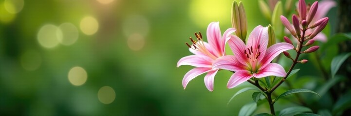 Naklejka premium White lily flowers and pink daylilies growing among foliage on a tree branch, foliage, blossom, pink