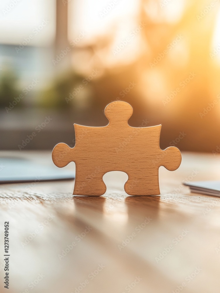 Aufkleber crafted minimalism wooden puzzle piece in sunlit workspace - strategic education tool for business i