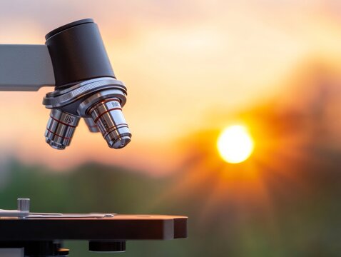 Contemporary Scientific Exploration Metallic Microscope Lens and Sunset Glow - Precision Optics for Modern Medical Research and Innovative Lab Environments