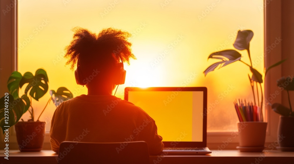 Poster sunlit remote learning nook young student engaging in virtual lesson with headphones - digital educa