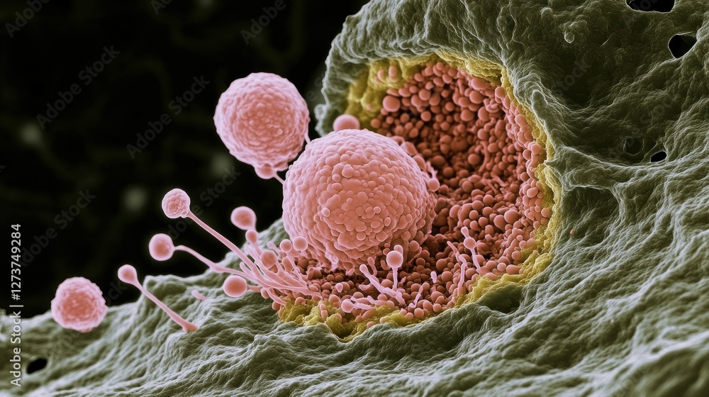 Poster microscopic view of cells, showcasing interactions and structures.