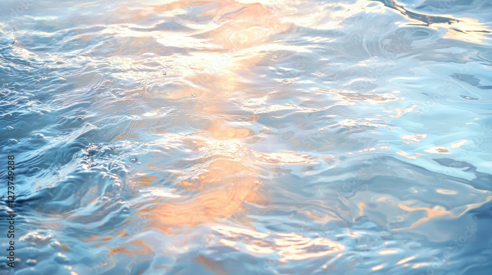 Poster close up view of rippling water surface with sunlight reflecting, creating a warm, textured pattern 