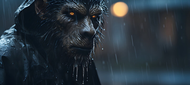 A detailed and realistic depiction of a lycan character standing in the pouring rain, ai generative
