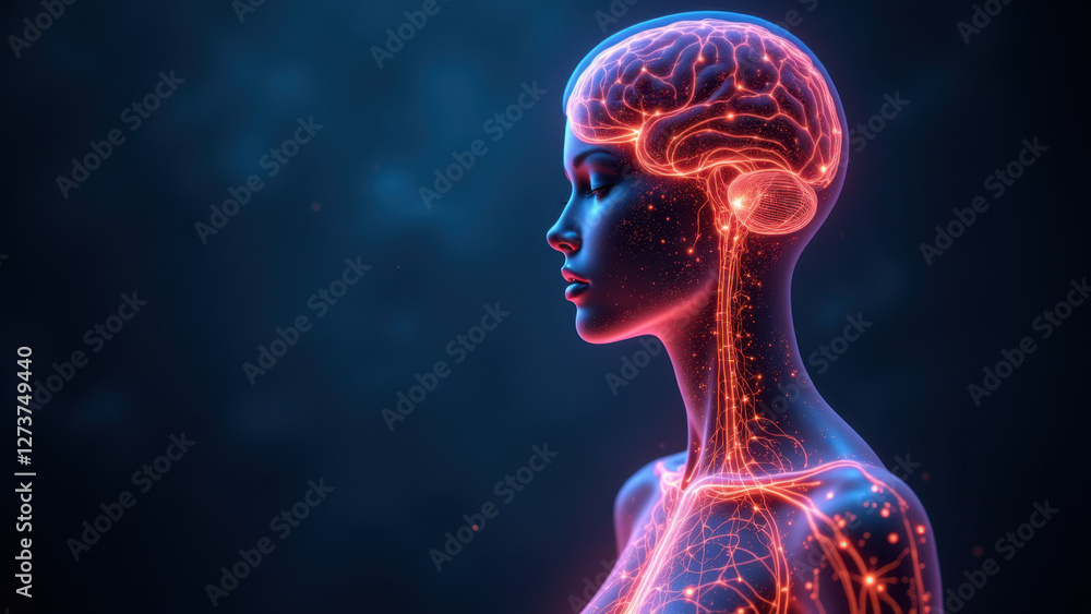 Poster an artistic rendering of a human head with an exposed brain showing neural activity, symbolizing men