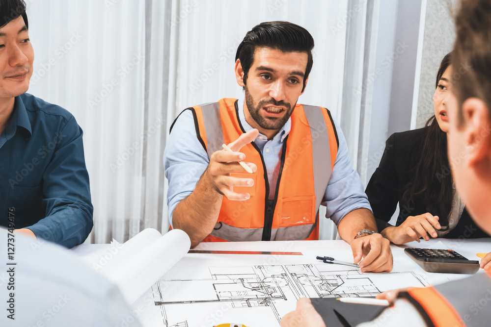 Poster diverse group of civil engineer and client working together on architectural project, reviewing cons