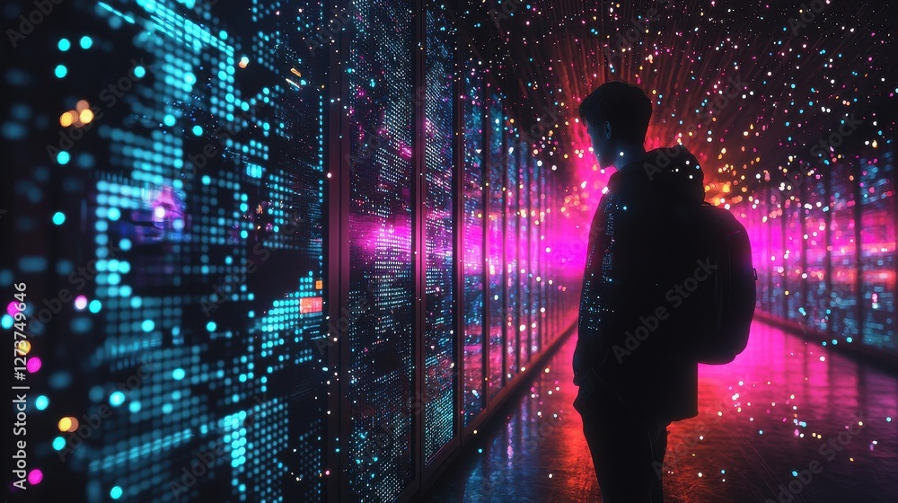 Poster silhouette contemplates neon lit data corridor with glowing particles and digital displays
