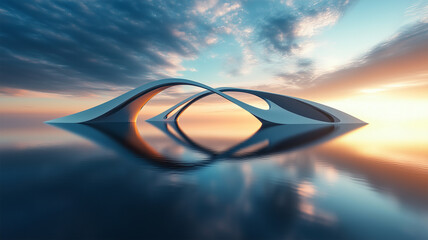 曲線の美しい橋が夕暮れの海に映る幻想的な光景