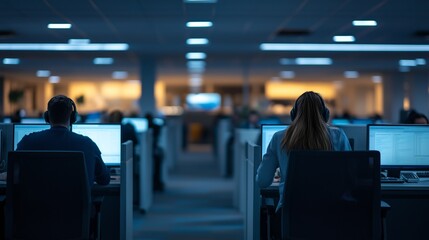 Night call center employees work at computers. AI generated