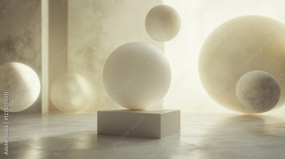 Poster a serene composition featuring a central sphere on a pedestal with floating orbs in a soft-lit space