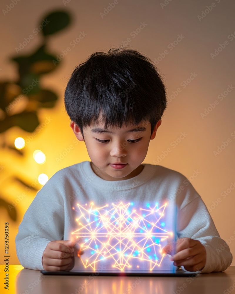 Aufkleber interactive e-learning scene young east asian student engaged in tablet math lesson - vibrant digita