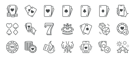 Casino and Poker Cards Icons. Set of minimal linear icons featuring playing cards, poker chips, roulette, dice, lucky seven, and winnings. Perfect for gambling and betting games designs. Vector.
