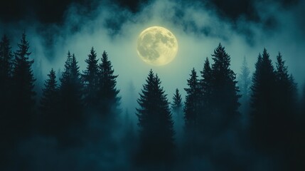 Fototapeta premium Misty forest at night under a full moon.