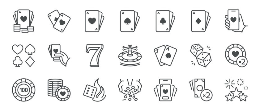 Casino and Poker Cards Icons. Set of minimal linear icons featuring playing cards, poker chips, roulette, dice, lucky seven, and winnings. Perfect for gambling and betting games designs. Vector.
