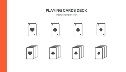 Playing Cards Deck Icon Set. Thin Line Illustration of Poker Cards with Heart, Spade, Club, and Diamond Suits for Gambling and Casino Games. Isolated Vector Symbols.