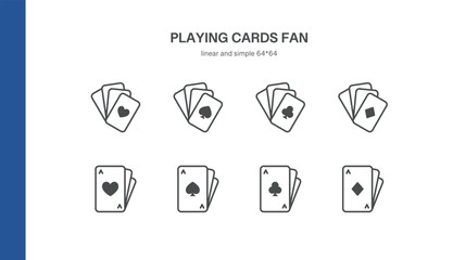 Playing Cards Fan Icons. Set of 8 minimal linear icons featuring fanned card hands, aces, and suits. Perfect for casino, poker, and gambling designs. Vector illustration.