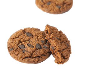 close up cookies with choco chips on white background, flying cookies isolated on white
