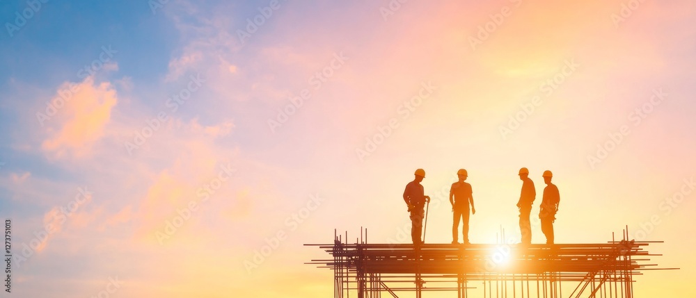 Poster modern solar installation crew on high-rise scaffold dynamic rooftop solar array construction - indu