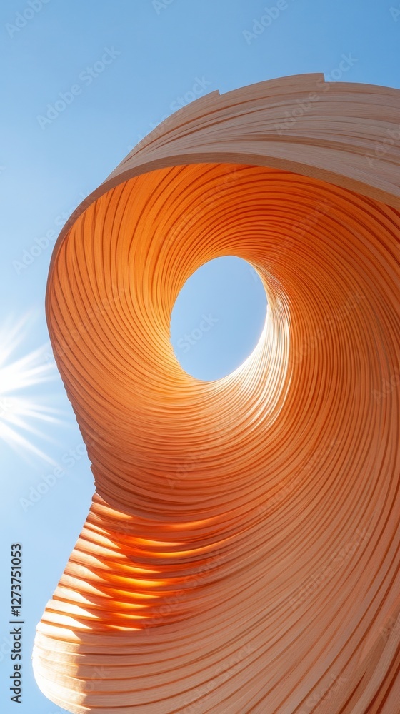 Poster Dynamic Architectural Composition Curved Wooden Structure in Natural Light - Modern Design Aesthetic for Sustainable Construction and Innovative Urban Planning Documentation