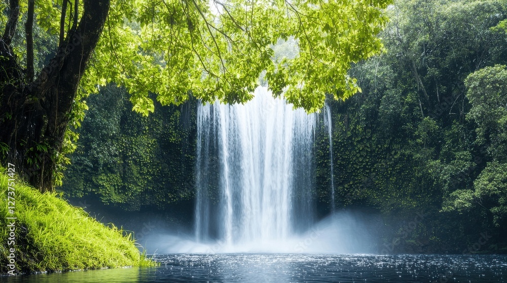 Poster serene waterfall cascading into a tranquil pool, framed by lush green foliage. sunlight filters thro