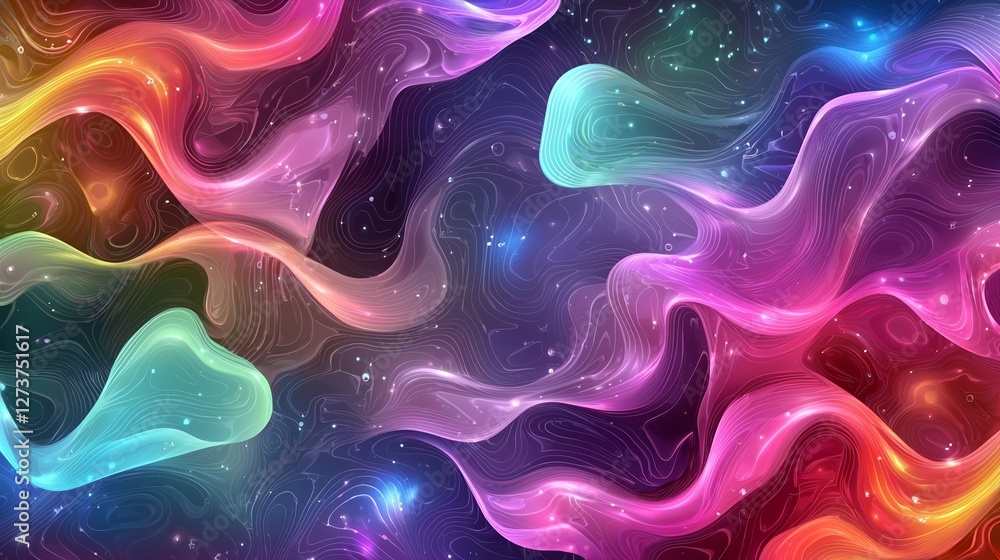 Poster against a black background, an stock image depicts a futuristic scene with neon flashes of light and