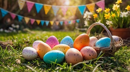 Easter egg hunt in sunlit park with decorated baskets