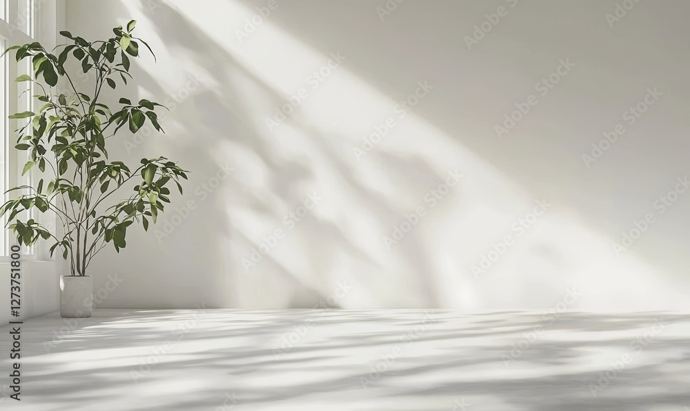 Poster a light grey background featuring soft abstract shadows and light from window curtains, ideal for pr