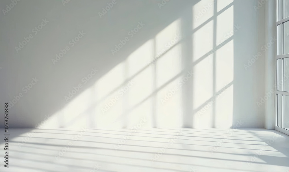 Poster minimalist abstract background in light grey, complete with subtle window curtain shadows and light 