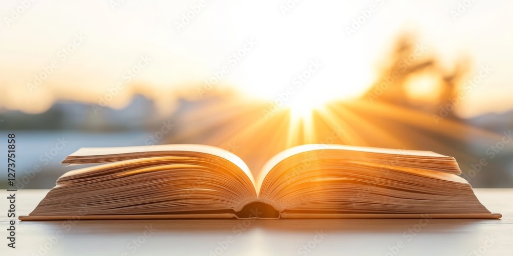 Aufkleber magical book aesthetic open pages with radiant light on rustic wood - fantasy literature storytellin