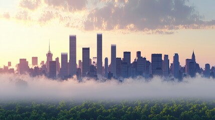 Fototapeta premium Urban skyline emerging from mist at sunrise, showcasing modern architecture and lush greenery below.