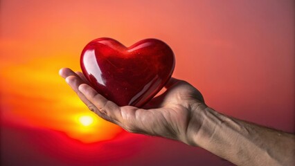 Fototapeta premium a red heart on the palm of your hand at sunset