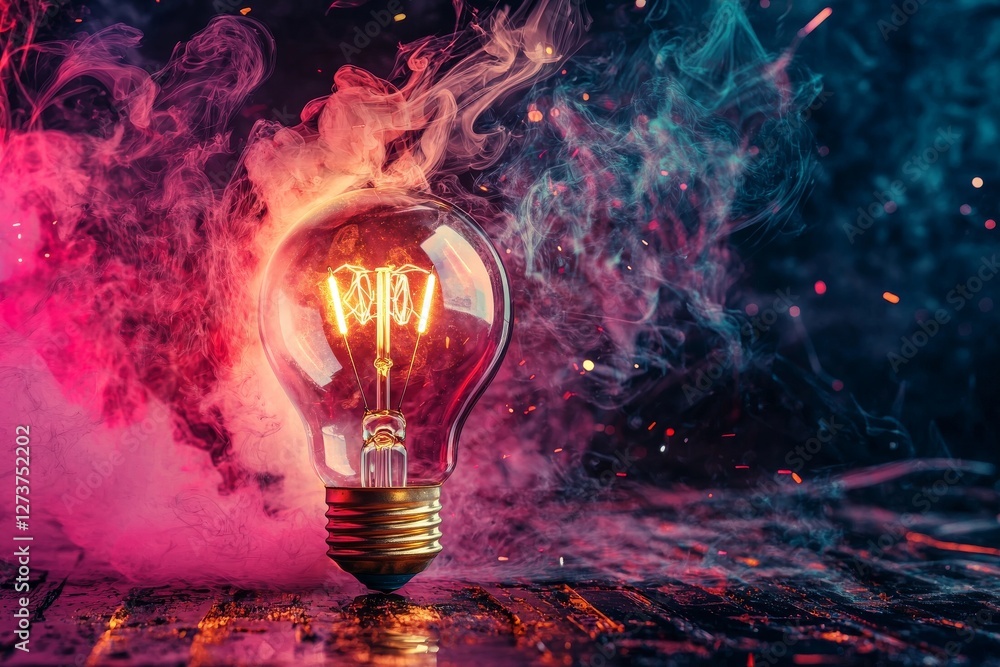 Poster suitable for groundbreaking notions and imaginative spark with a kaleidoscopic lightbulb made of liq