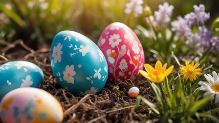 Easter egg hunt in sunlit park with decorated baskets