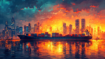 Obraz premium vibrant port scene with cargo ship and city skyline at sunset